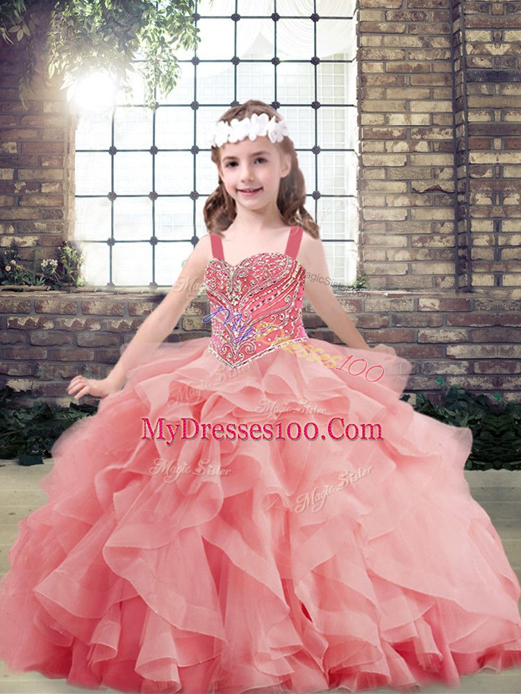 Beauteous Floor Length Watermelon Red Little Girls Pageant Dress Straps Sleeveless Lace Up