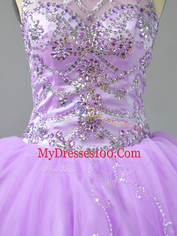 High Class Scoop Sleeveless Lace Up 15 Quinceanera Dress Lavender Tulle