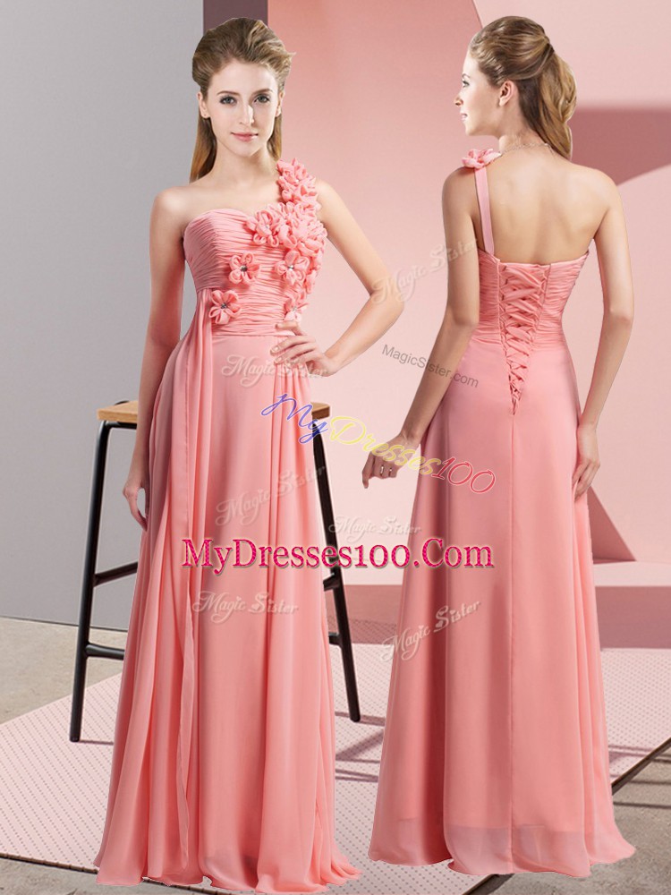 Classical Watermelon Red Quinceanera Dama Dress Wedding Party with Hand Made Flower One Shoulder Sleeveless Lace Up