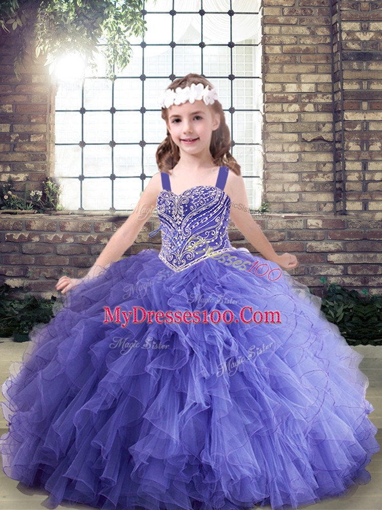 Straps Sleeveless Lace Up Little Girl Pageant Dress Lavender Tulle