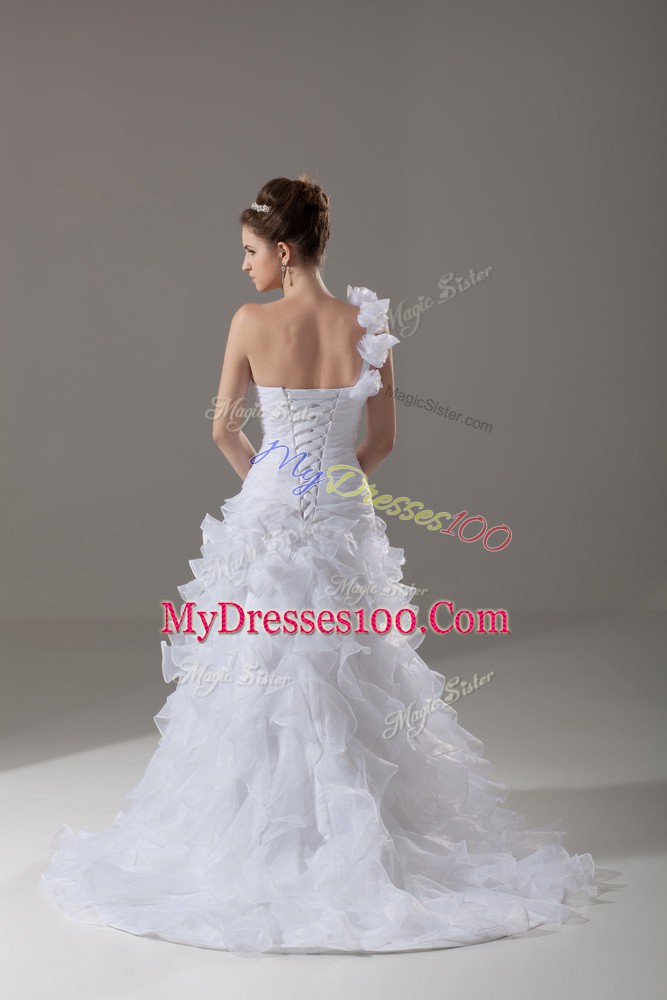 Modest White Sleeveless Brush Train Ruffles and Hand Made Flower Wedding Dress