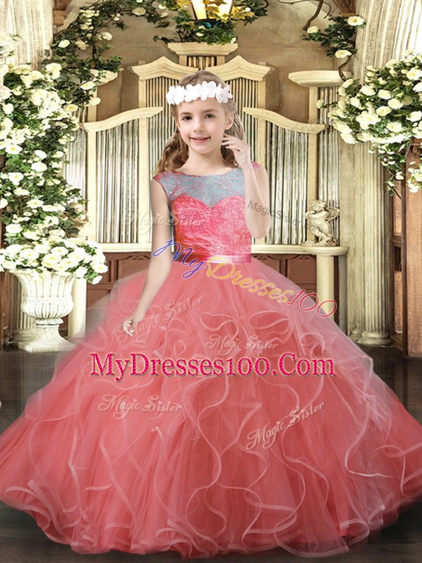 Best Watermelon Red Ball Gowns Lace and Ruffles Little Girls Pageant Dress Backless Tulle Sleeveless Floor Length