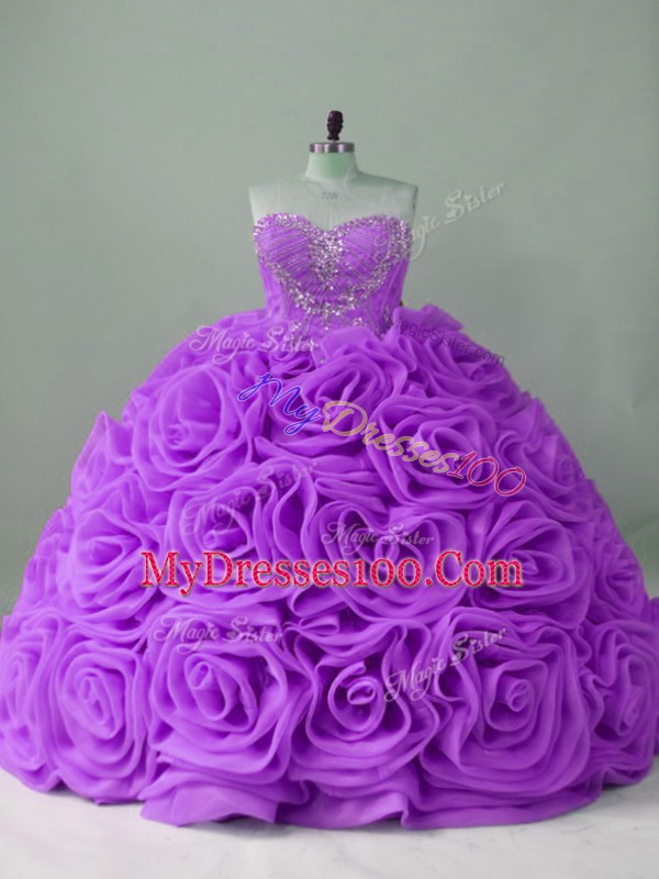 Sleeveless Beading Lace Up Quinceanera Gowns with Lavender Brush Train