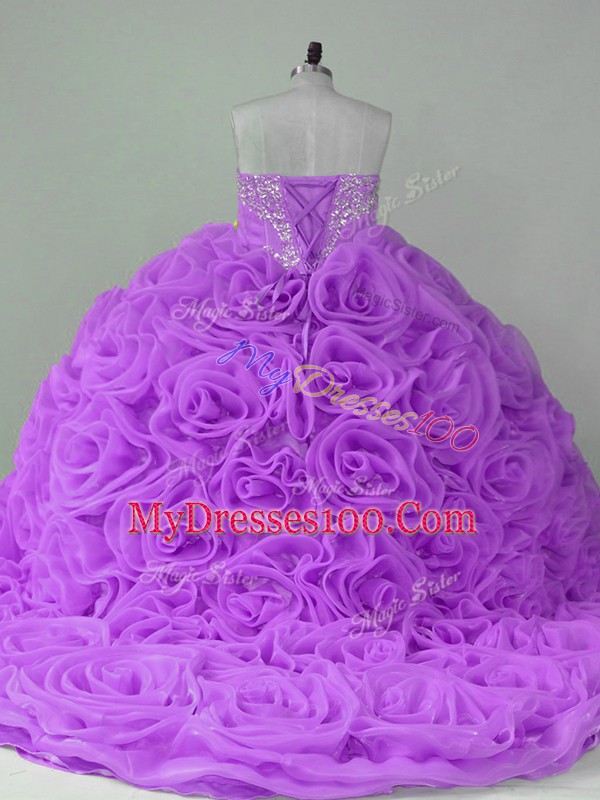 Sleeveless Beading Lace Up Quinceanera Gowns with Lavender Brush Train