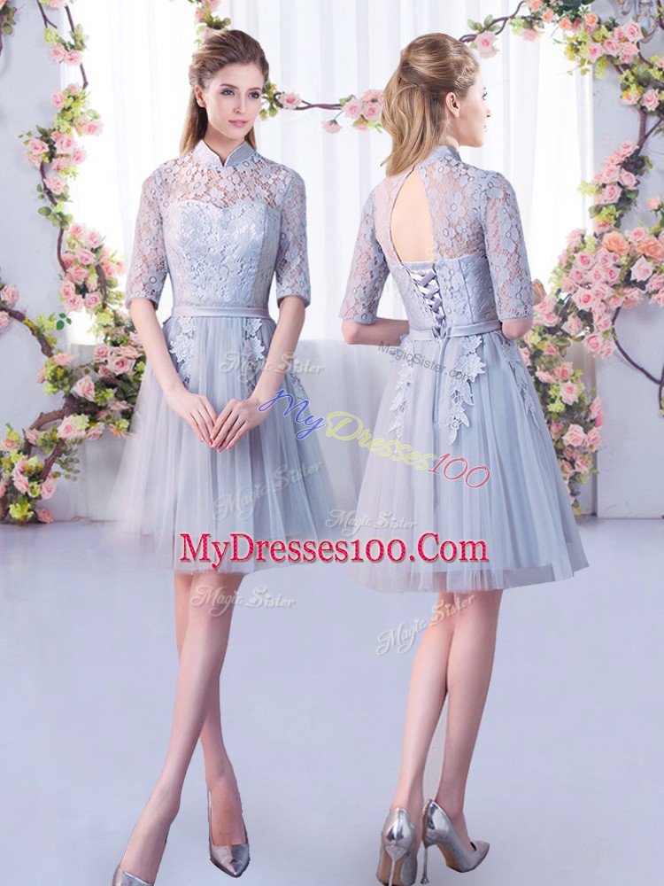 Fine Grey Tulle Lace Up Dama Dress Half Sleeves Mini Length Lace