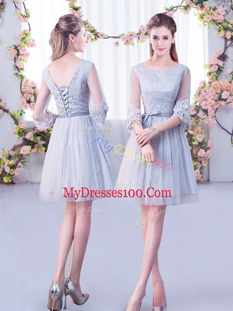 Fine Grey Tulle Lace Up Dama Dress Half Sleeves Mini Length Lace