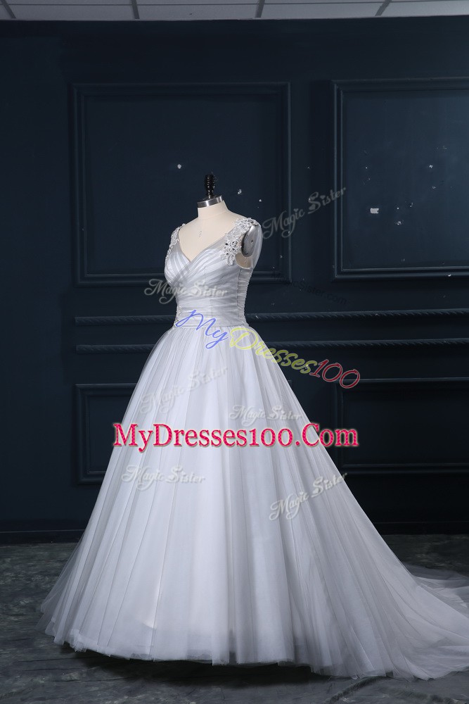 Glittering Grey V-neck Lace Up Appliques Bridal Gown Brush Train Sleeveless