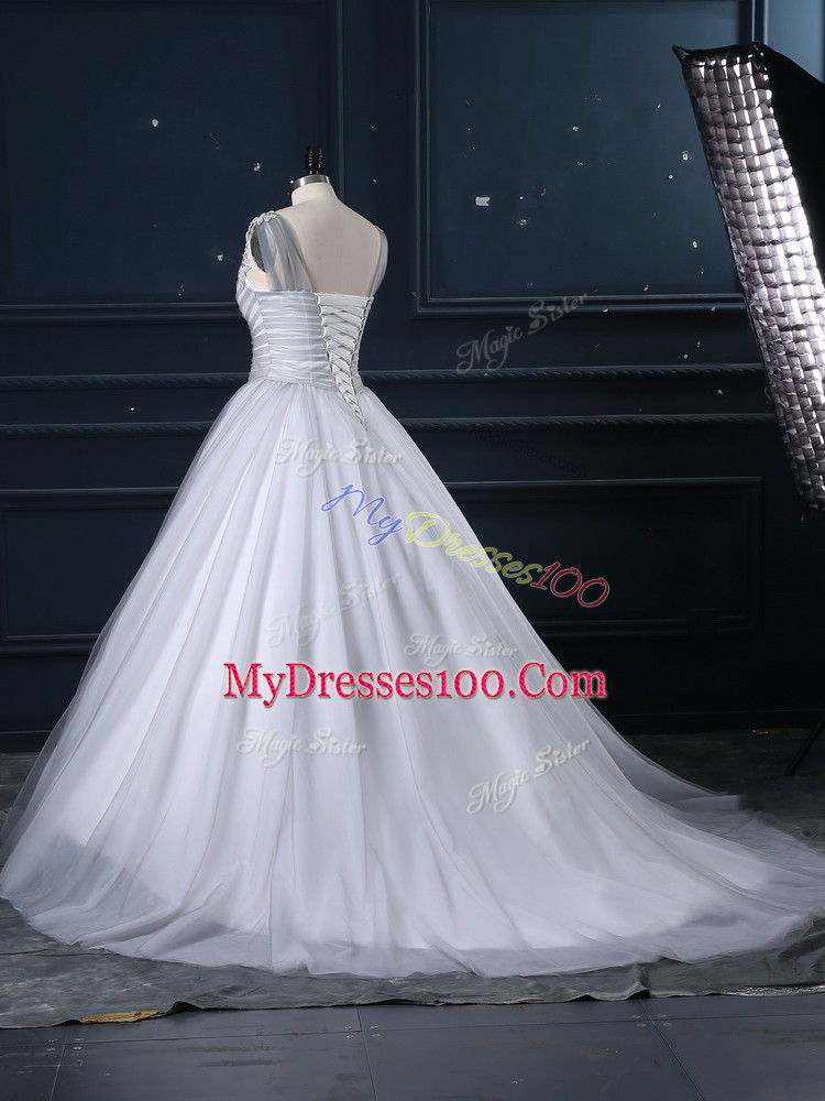 Glittering Grey V-neck Lace Up Appliques Bridal Gown Brush Train Sleeveless