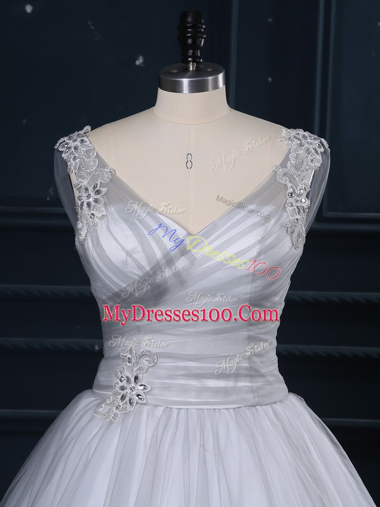 Glittering Grey V-neck Lace Up Appliques Bridal Gown Brush Train Sleeveless