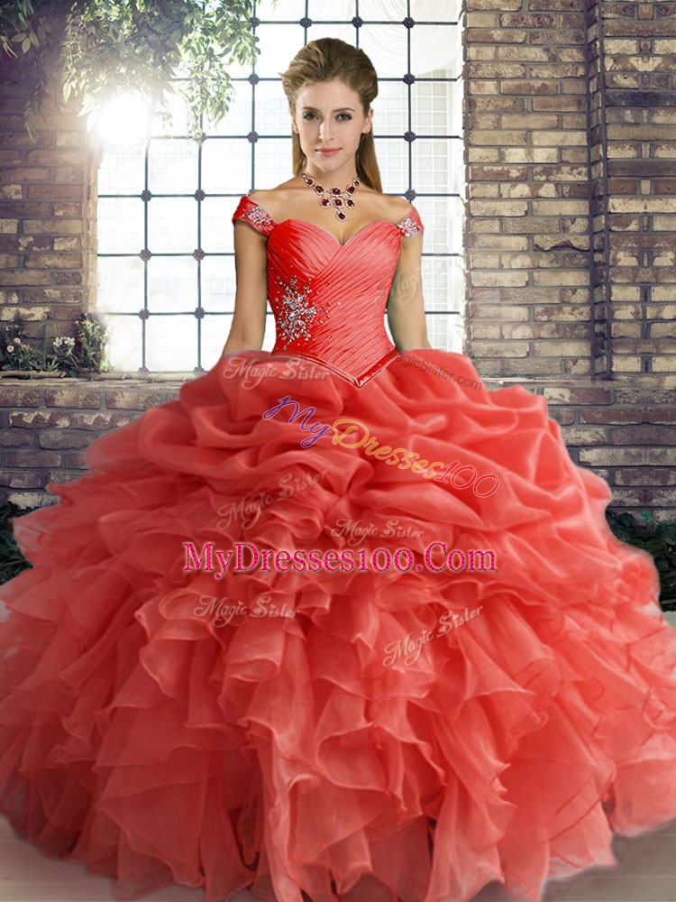 Super Orange Red Ball Gowns Off The Shoulder Sleeveless Organza Floor Length Lace Up Beading and Ruffles and Pick Ups Vestidos de Quinceanera