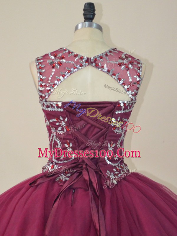 Artistic Scoop Long Sleeves Sweet 16 Quinceanera Dress Floor Length Beading and Appliques Burgundy Tulle