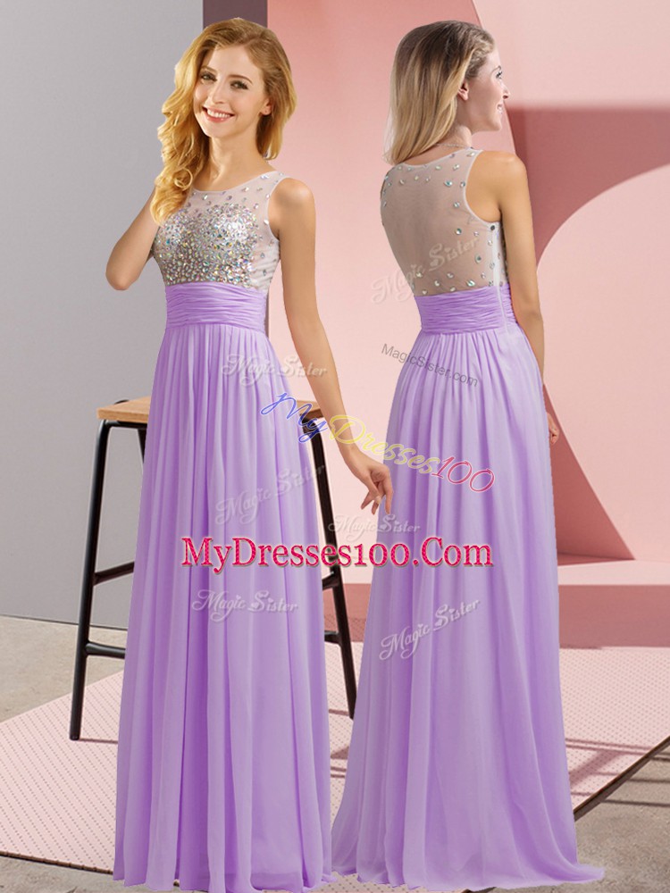 Fantastic Floor Length Lavender Dama Dress Chiffon Sleeveless Beading