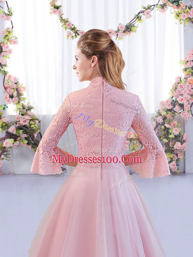 Pink Tulle Zipper High-neck 3 4 Length Sleeve Tea Length Damas Dress Lace