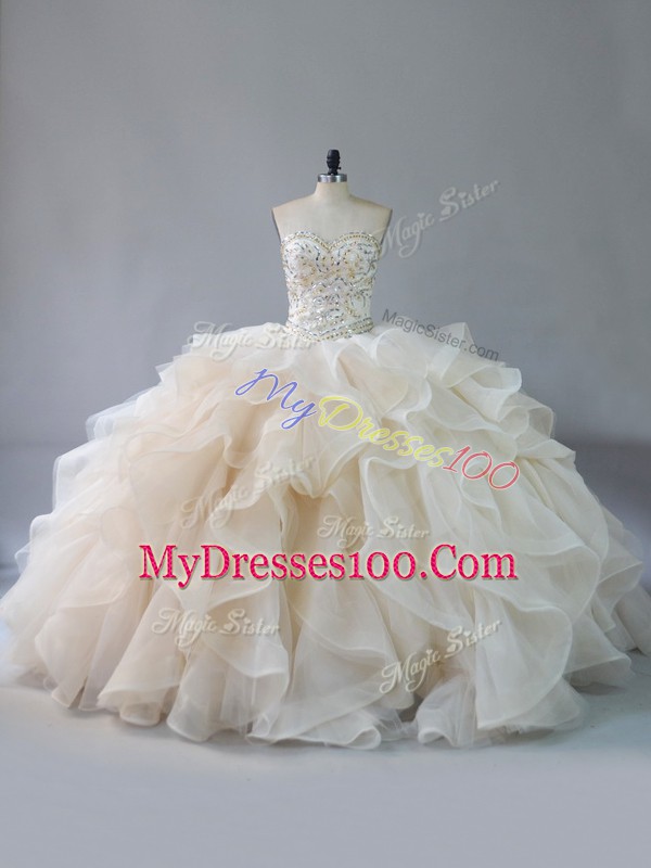 Champagne Ball Gowns Beading and Ruffles 15 Quinceanera Dress Lace Up Organza Sleeveless