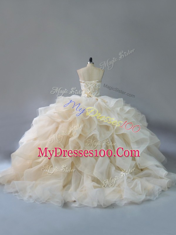 Champagne Ball Gowns Beading and Ruffles 15 Quinceanera Dress Lace Up Organza Sleeveless