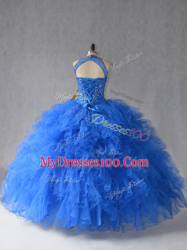 Fitting Royal Blue Tulle Lace Up 15 Quinceanera Dress Sleeveless Floor Length Beading and Ruffles