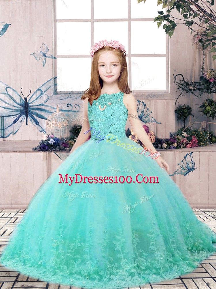 Custom Made Floor Length Ball Gowns Sleeveless Aqua Blue Kids Pageant Dress Backless