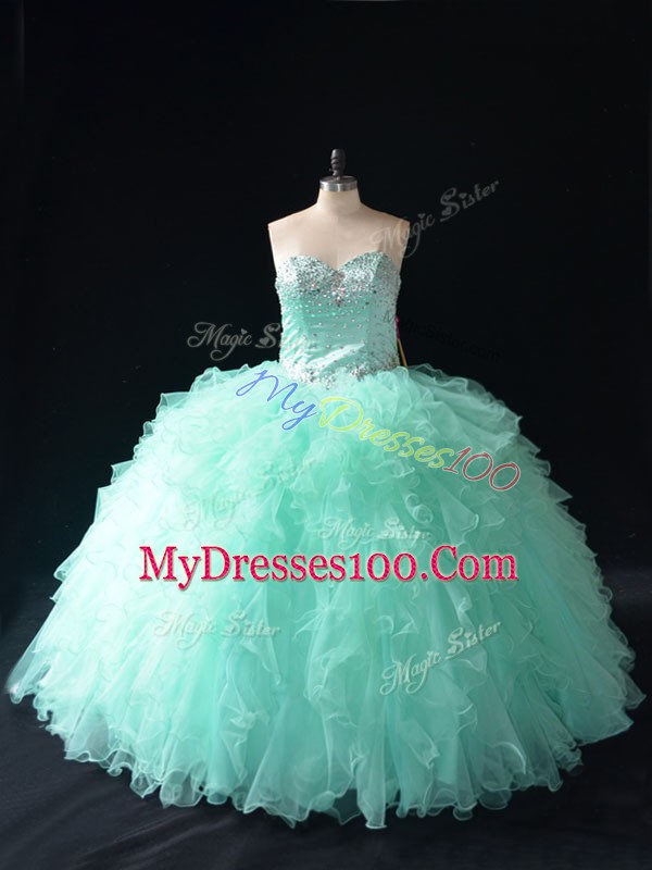 Apple Green Tulle Lace Up Sweet 16 Dress Sleeveless Floor Length Beading and Ruffles