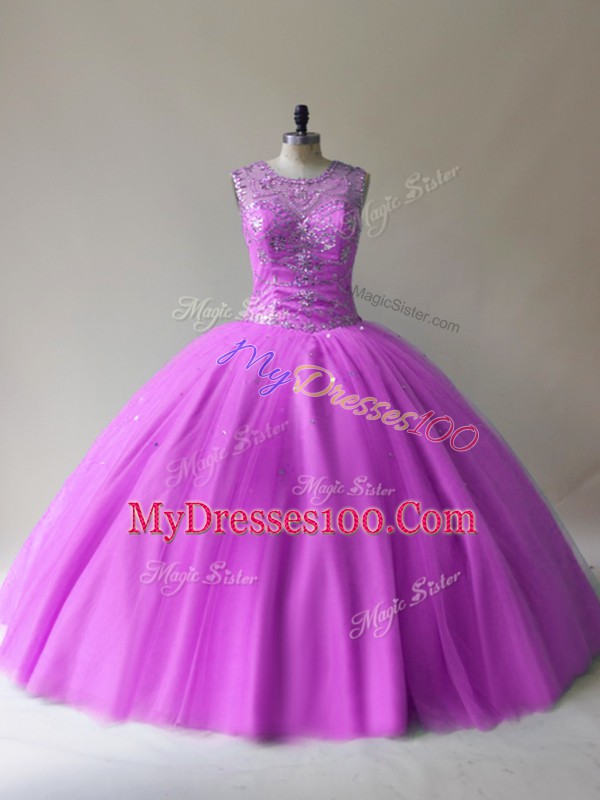 Low Price Ball Gowns Quinceanera Dress Lilac Scoop Tulle Sleeveless Floor Length Lace Up