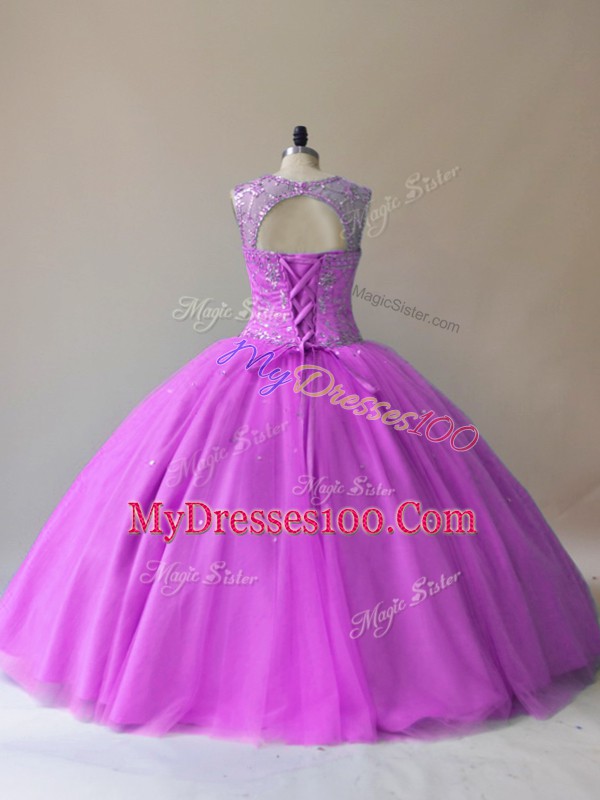 Low Price Ball Gowns Quinceanera Dress Lilac Scoop Tulle Sleeveless Floor Length Lace Up