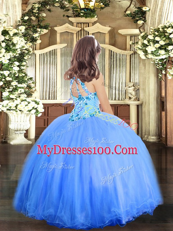 Customized Halter Top Sleeveless Little Girl Pageant Dress Floor Length Appliques Blue Tulle