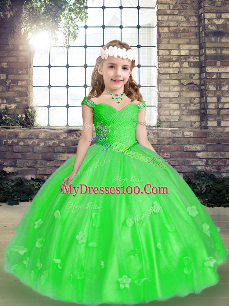 Custom Designed Floor Length Lace Up Child Pageant Dress Green for Party and Wedding Party with Beading and Hand Made Flower