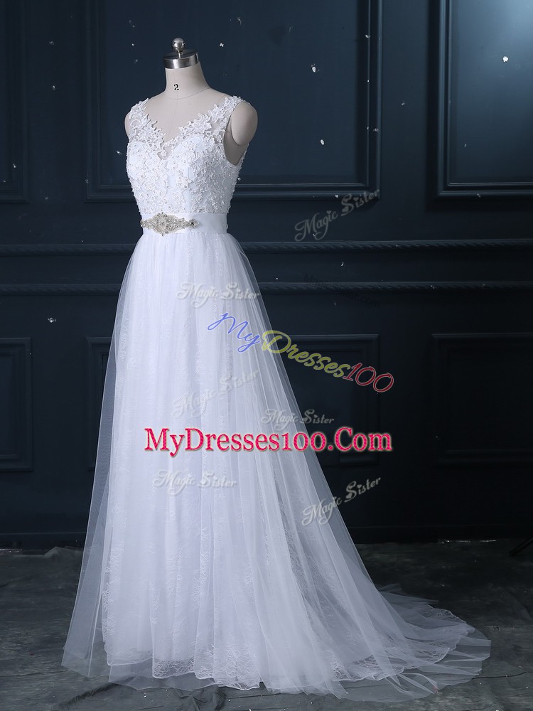 Smart White Backless V-neck Beading and Lace Wedding Dress Lace Sleeveless Brush Train