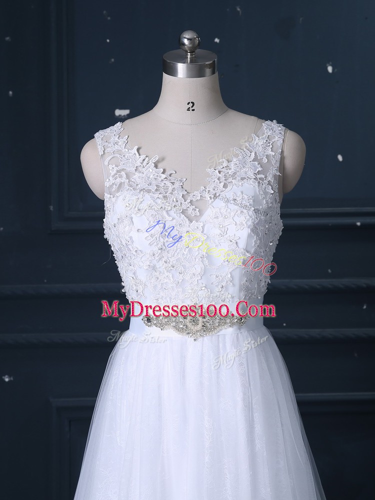 Smart White Backless V-neck Beading and Lace Wedding Dress Lace Sleeveless Brush Train