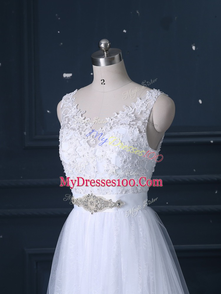 Smart White Backless V-neck Beading and Lace Wedding Dress Lace Sleeveless Brush Train