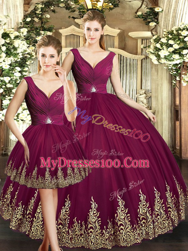 V-neck Sleeveless Backless 15th Birthday Dress Burgundy Tulle