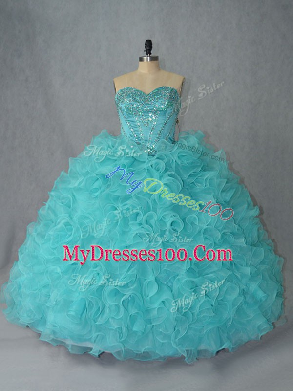 Customized Aqua Blue Lace Up Quinceanera Gown Beading and Ruffles Sleeveless