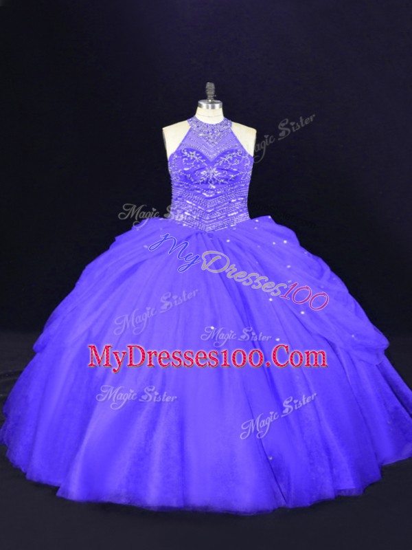 Romantic Sleeveless Floor Length Beading Lace Up Sweet 16 Quinceanera Dress with Purple