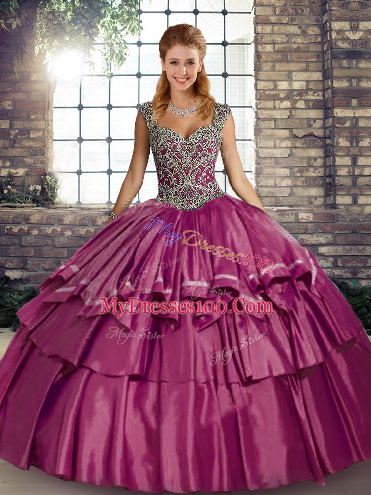 Fuchsia Sleeveless Floor Length Beading and Ruffled Layers Lace Up Quinceanera Dresses