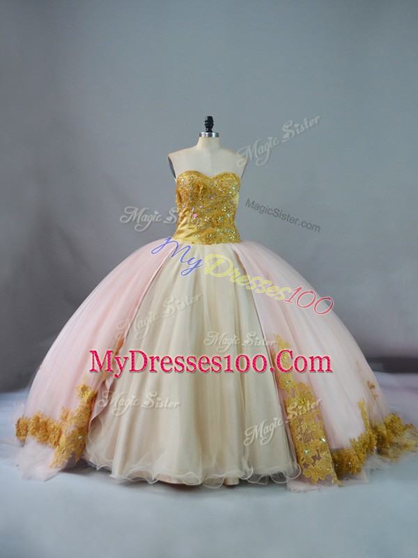 Sleeveless Beading and Lace and Appliques Lace Up 15th Birthday Dress with Pink and Champagne Brush Train