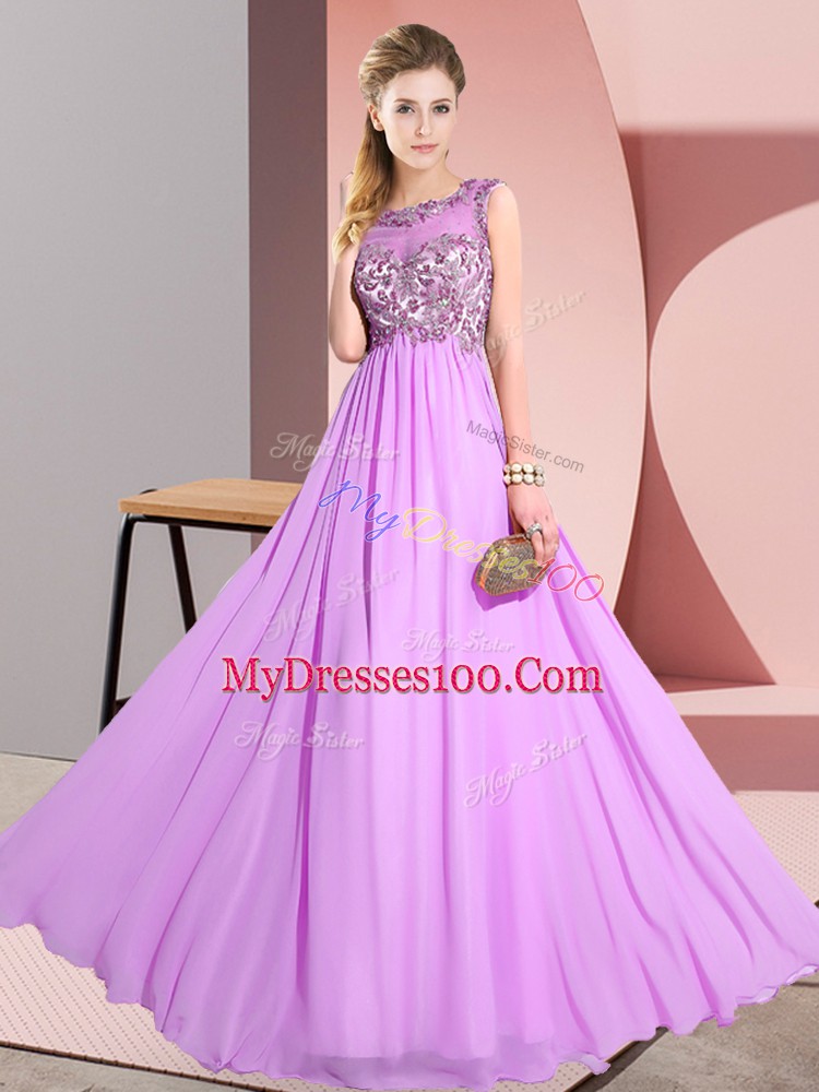 Deluxe Chiffon Sleeveless Floor Length Bridesmaid Dress and Beading and Appliques