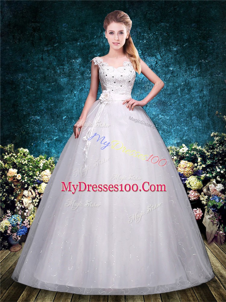 White Ball Gowns Lace and Hand Made Flower Wedding Dress Lace Up Tulle Sleeveless Floor Length