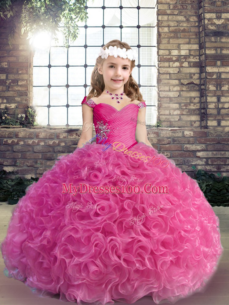 Luxurious Fabric With Rolling Flowers Sleeveless Floor Length Little Girls Pageant Dress Wholesale and Beading and Ruching