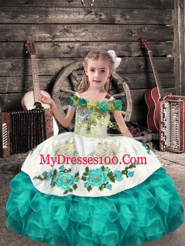 Custom Made Floor Length Lace Up Little Girls Pageant Dress Turquoise for Wedding Party with Beading and Embroidery and Ruffles