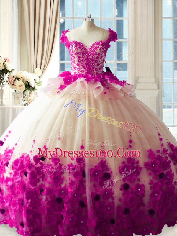 Sweet Fuchsia Ball Gowns Hand Made Flower Sweet 16 Dress Zipper Tulle Sleeveless