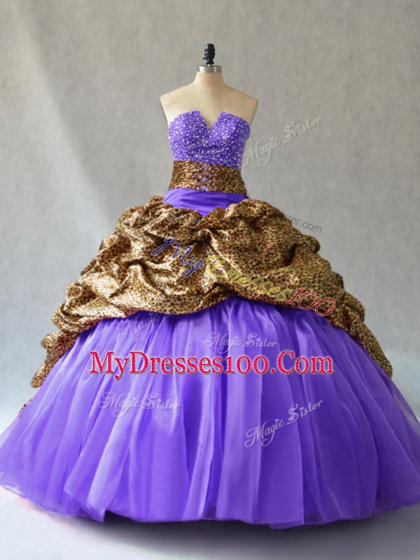 V-neck Sleeveless Organza and Printed Ball Gown Prom Dress Beading and Pick Ups Brush Train Lace Up