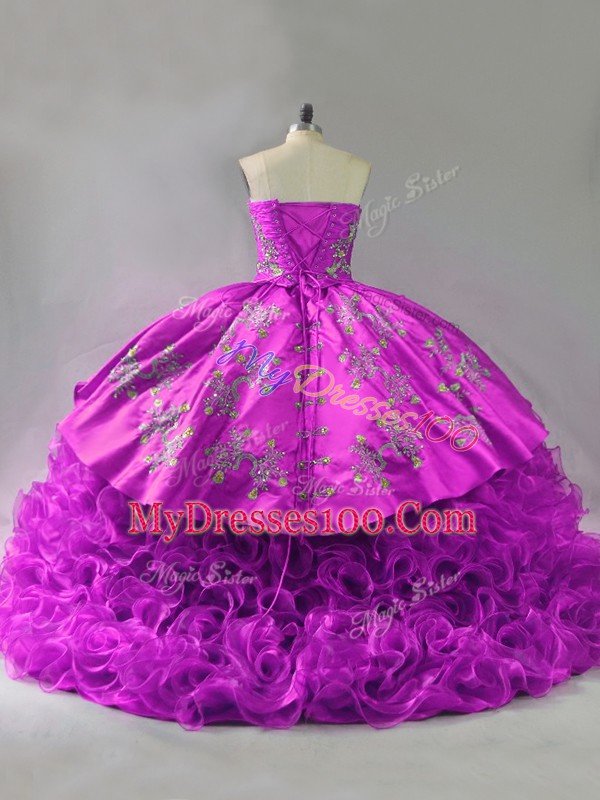 Exquisite Fuchsia Lace Up Sweetheart Beading and Embroidery and Ruffles Sweet 16 Quinceanera Dress Organza and Fabric With Rolling Flowers Sleeveless Brush Train