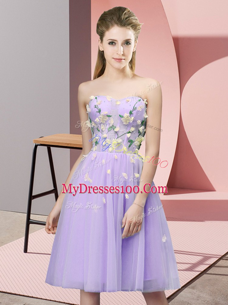 Top Selling Lavender Lace Up Bridesmaid Gown Appliques Sleeveless Knee Length