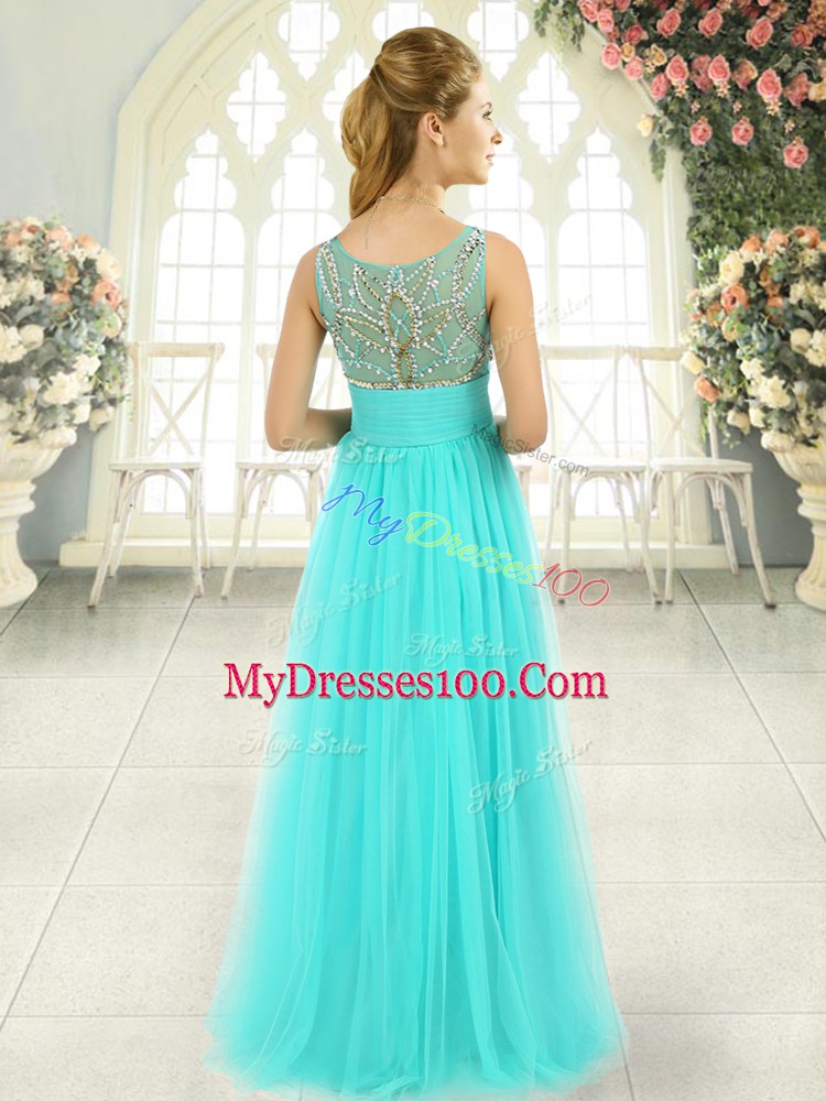 Aqua Blue Tulle Backless Prom Dress Sleeveless Floor Length Beading