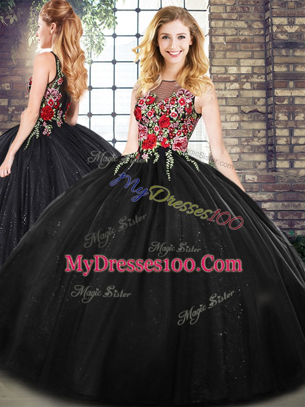 Classical Scoop Sleeveless Zipper Quinceanera Dresses Black Tulle