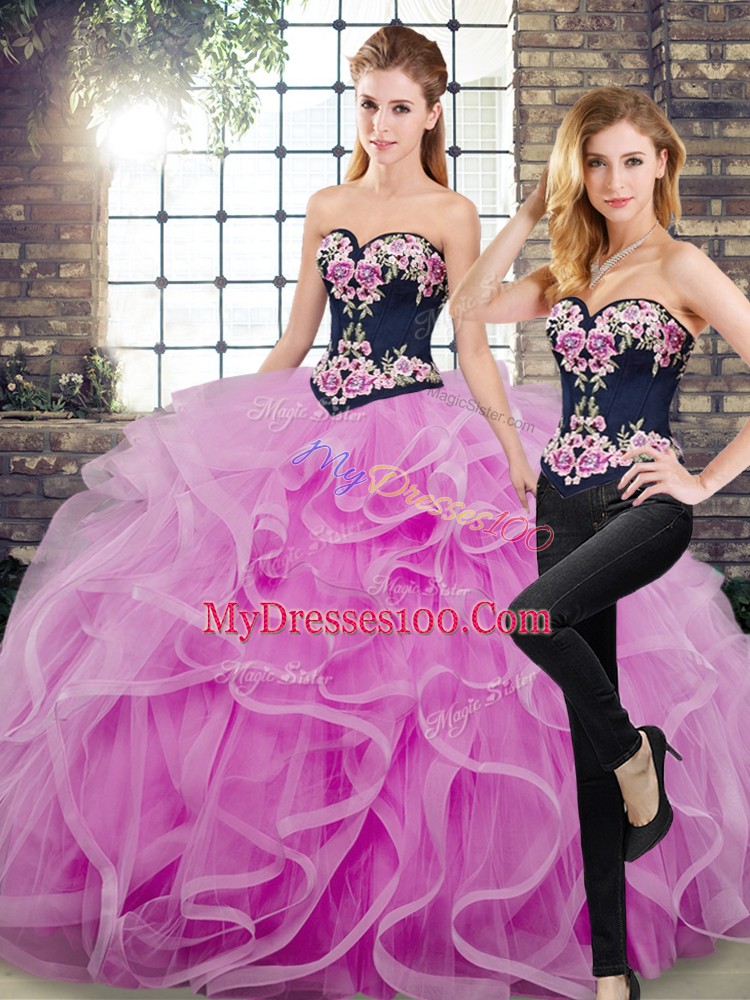 Lilac Sleeveless Tulle Sweep Train Lace Up Quinceanera Gowns for Military Ball and Sweet 16 and Quinceanera