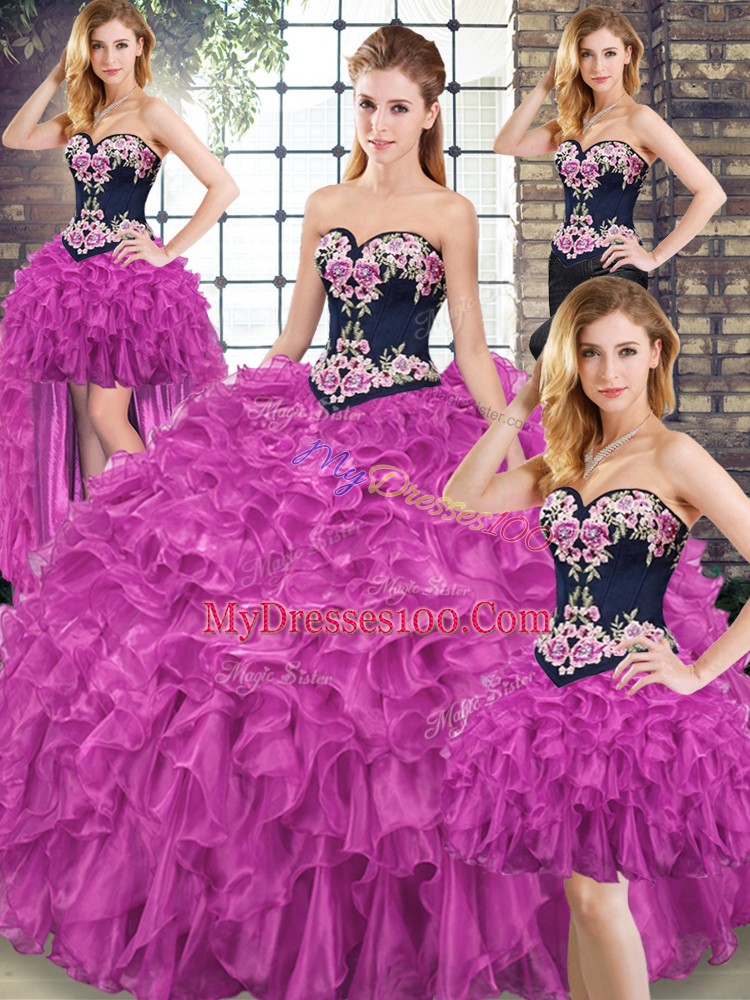 Fuchsia Lace Up Sweetheart Embroidery and Ruffles Quinceanera Gown Organza Sleeveless Sweep Train