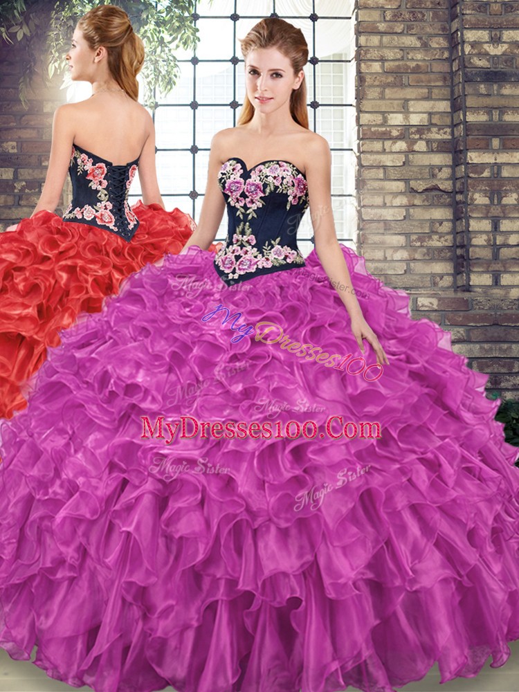 Glittering Fuchsia Vestidos de Quinceanera Organza Sweep Train Sleeveless Embroidery and Ruffles