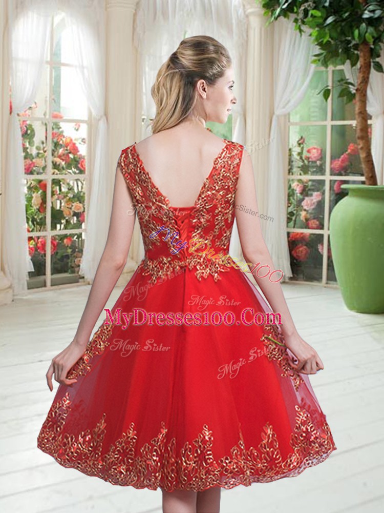 Sleeveless Lace Up Knee Length Beading and Appliques Prom Party Dress