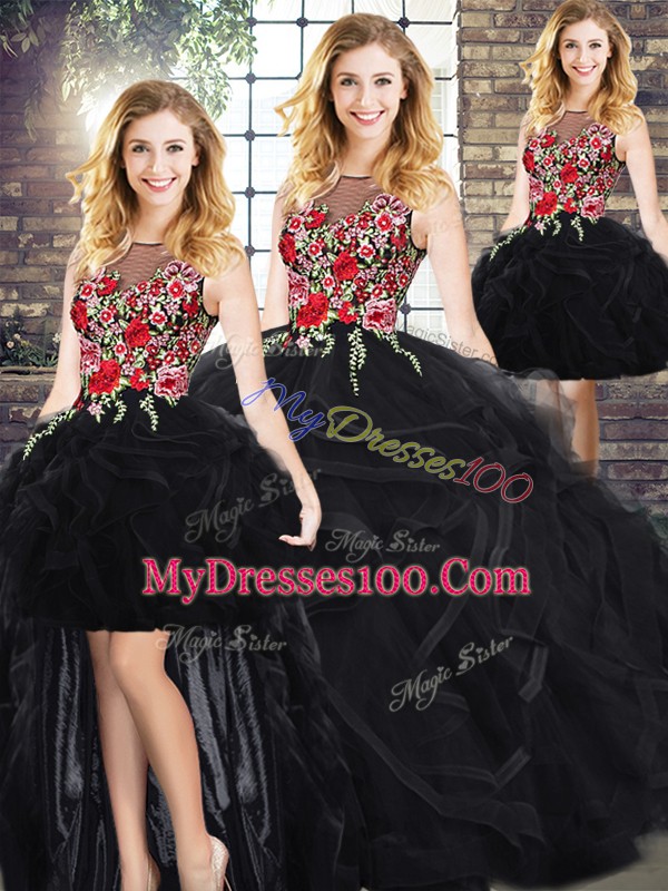 Custom Design Scoop Sleeveless Vestidos de Quinceanera Floor Length Embroidery and Ruffles Black