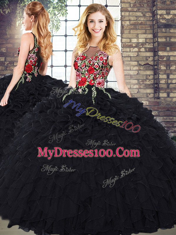 Black Ball Gowns Organza Scoop Sleeveless Embroidery and Ruffles Zipper 15th Birthday Dress